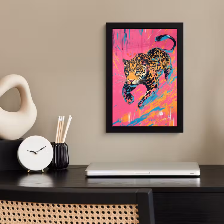 Luipaard - Roze - Oranje - Blauw - Verf fotolijst zwart zonder passe partout klein -sfeer1