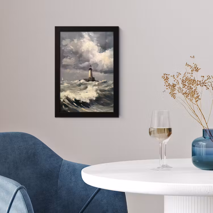 Vuurtoren - Golven - Storm fotolijst zwart zonder passe partout klein -sfeer4