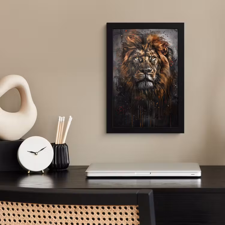 Leeuw - Dieren - Portret - Zwart - Luxe fotolijst zwart zonder passe partout klein -sfeer1