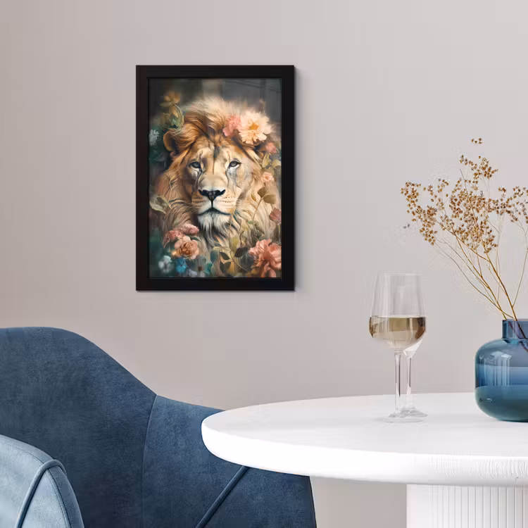Leeuw - Leeuwenkop - Wilde dieren - Bloemen fotolijst zwart zonder passe partout klein -sfeer4