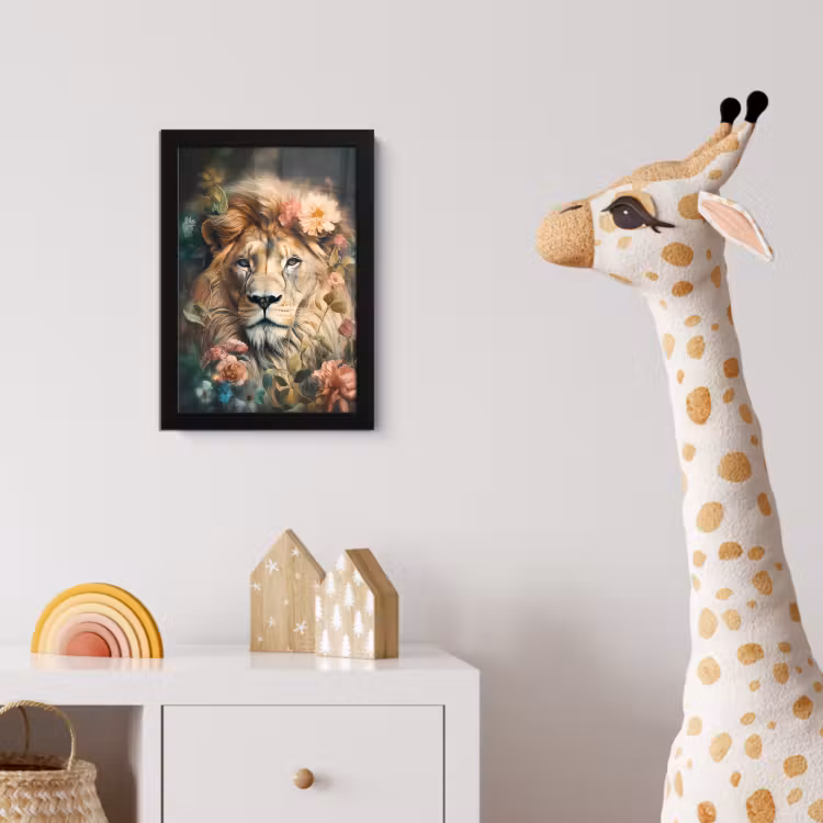 Leeuw - Leeuwenkop - Wilde dieren - Bloemen fotolijst zwart zonder passe partout klein -usfeer4_kinderkamer