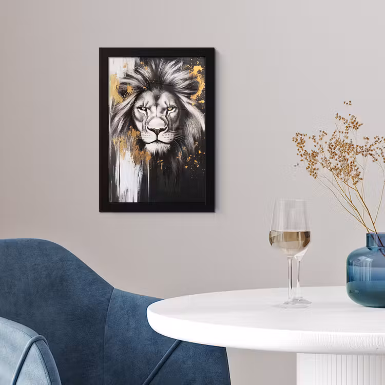 Leeuw - Portret - Verfspatten - Grijs fotolijst zwart zonder passe partout klein -sfeer4