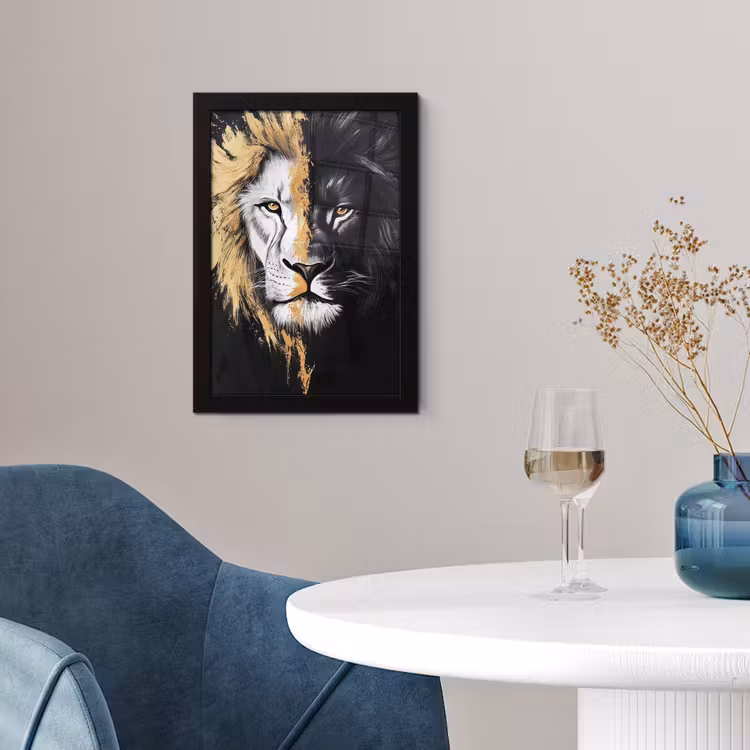 Leeuw - Gesplitst - Zwart - Lijn fotolijst zwart zonder passe partout klein -sfeer4