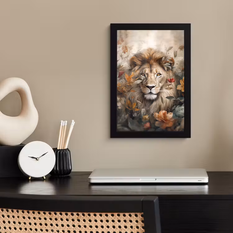 Leeuw - Wilde dieren - Planten - Natuur - Bloemen fotolijst zwart zonder passe partout klein -sfeer1