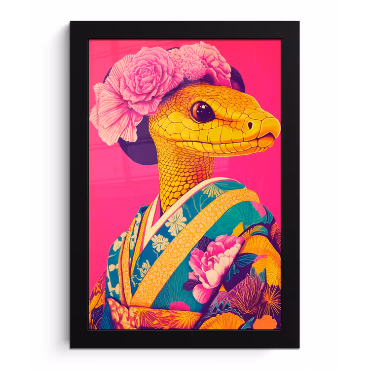 Hagedis - Bloemen - Roze - Kimono fotolijst zwart zonder passe partout klein -3d
