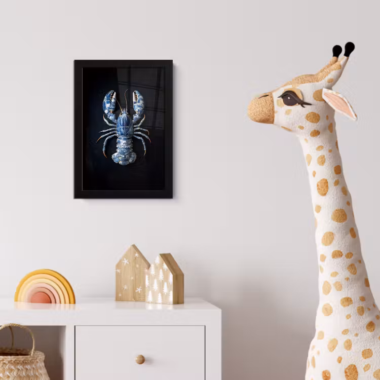 Kreeft - Delftsblauw - Schild - Stoer fotolijst zwart zonder passe partout klein -usfeer4_kinderkamer