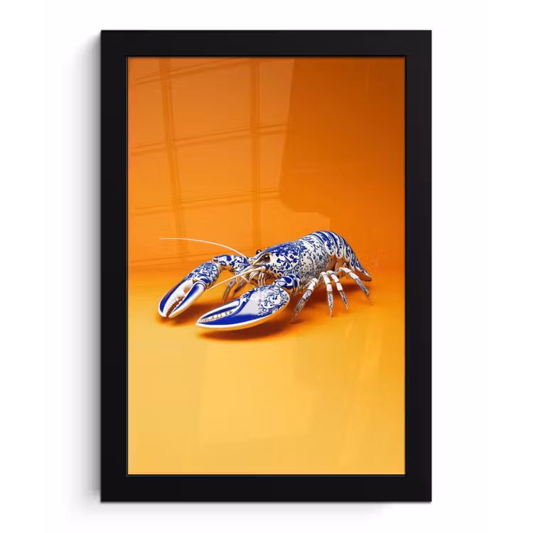 Kreeft - Delftsblauw - Schild - Stoer - Oranje fotolijst zwart zonder passe partout klein -3d