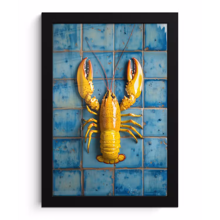 Kreeft - Geel - Blauw - Tegels fotolijst zwart zonder passe partout klein -3d
