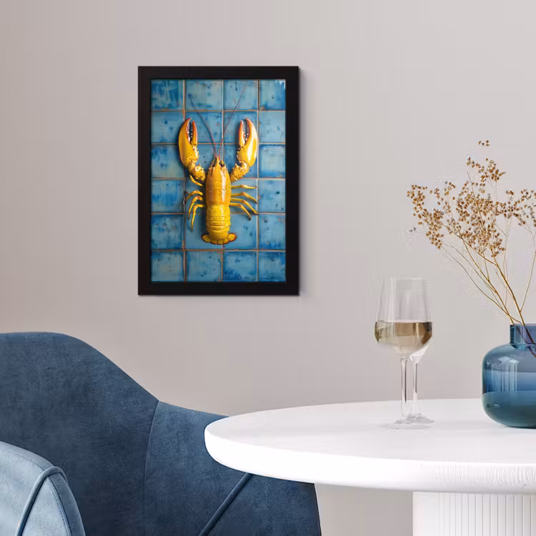 Kreeft - Geel - Blauw - Tegels fotolijst zwart zonder passe partout klein -sfeer4