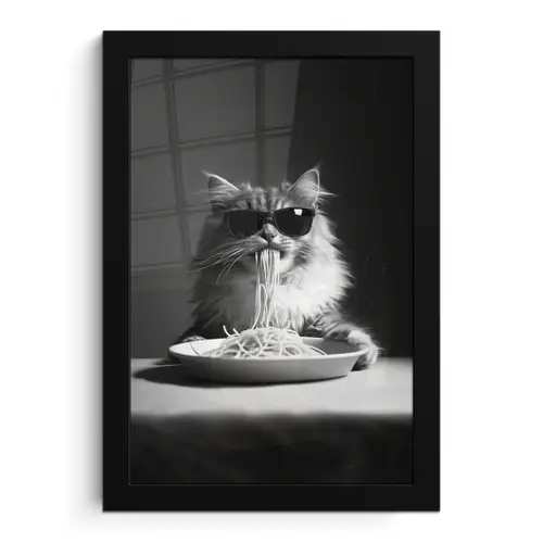 Langharige kat - Zonnebril - Spaghetti - Humor - Zwart - wit fotolijst zwart zonder passe partout klein -3d