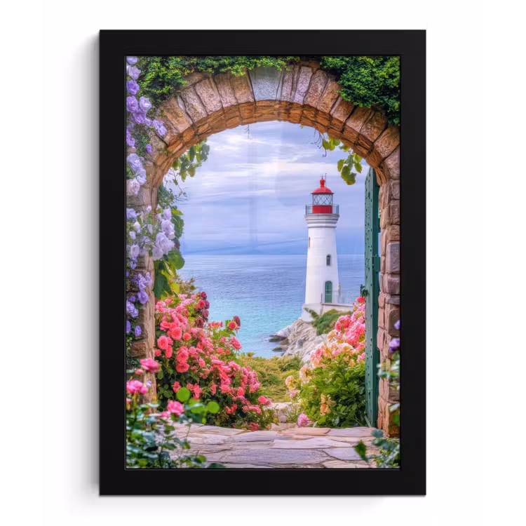 Doorkijk - Vuurtoren - Bloemen - Uitzicht fotolijst zwart zonder passe partout klein -3d