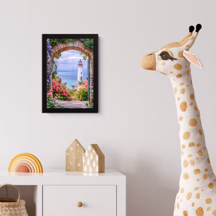 Doorkijk - Vuurtoren - Bloemen - Uitzicht fotolijst zwart zonder passe partout klein -usfeer4_kinderkamer