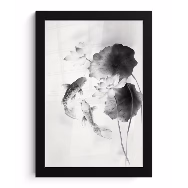 Lotusbloemen - Vissen - Bladeren - Zwart fotolijst zwart zonder passe partout klein -3d