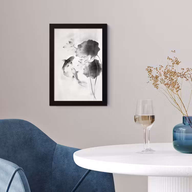 Lotusbloemen - Vissen - Bladeren - Zwart fotolijst zwart zonder passe partout klein -sfeer4