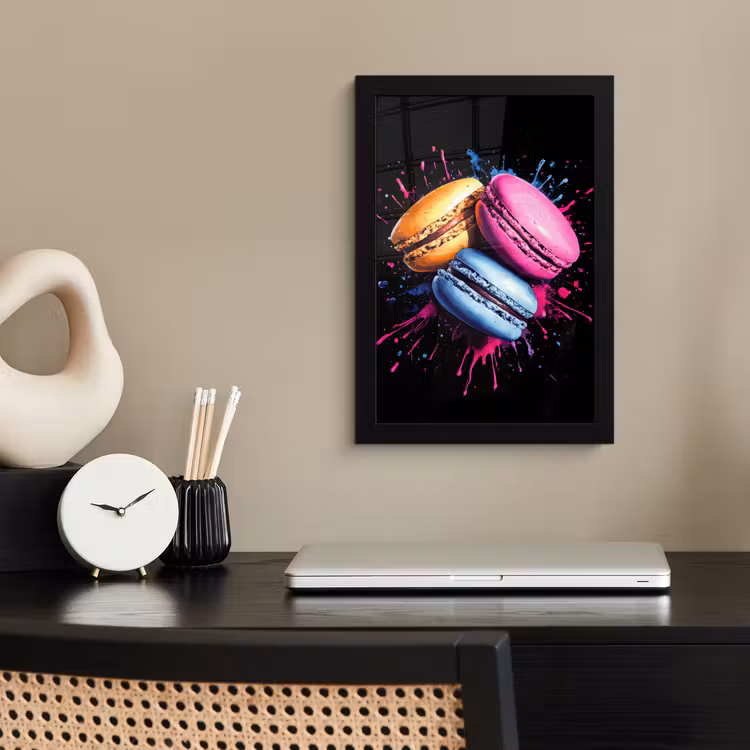 Macarons - Dessert - Graffiti - Kleurrijk - Roze - Blauw - Geel fotolijst zwart zonder passe partout klein -sfeer1