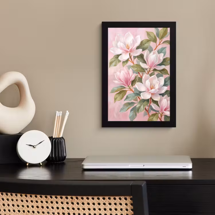 Magnolia's - Patroon - Roze fotolijst zwart zonder passe partout klein -sfeer1
