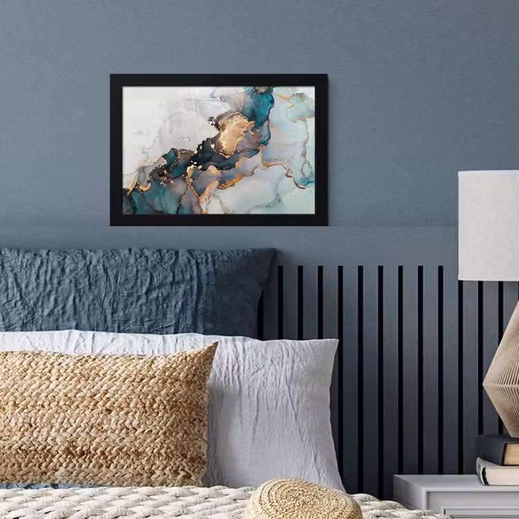 Marmer print - Goud - Blauw fotolijst zwart zonder passe partout klein -sfeer3