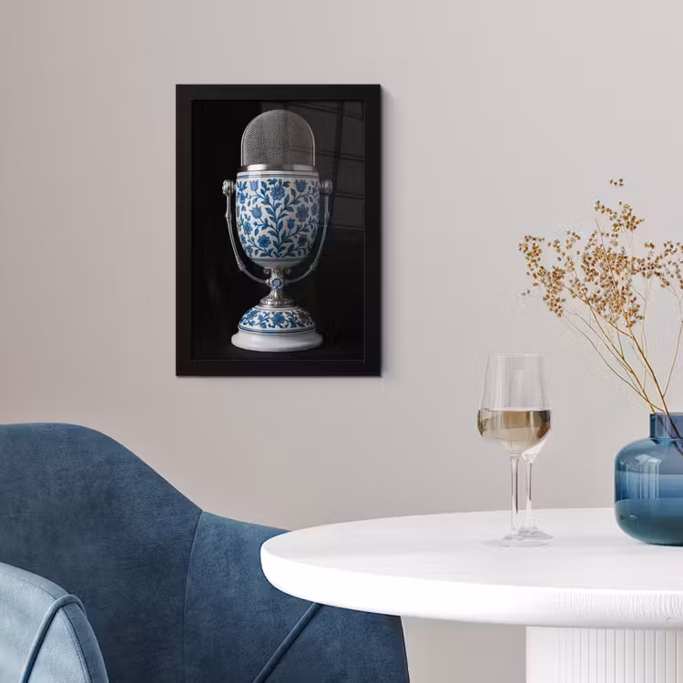 Microfoon - Delfts blauw - Muziek fotolijst zwart zonder passe partout klein -sfeer4
