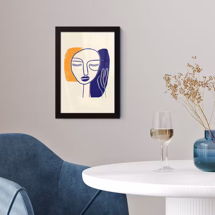 Minimalistisch - Gezicht - Hand - Oranje - Blauw fotolijst zwart zonder passe partout klein -sfeer4