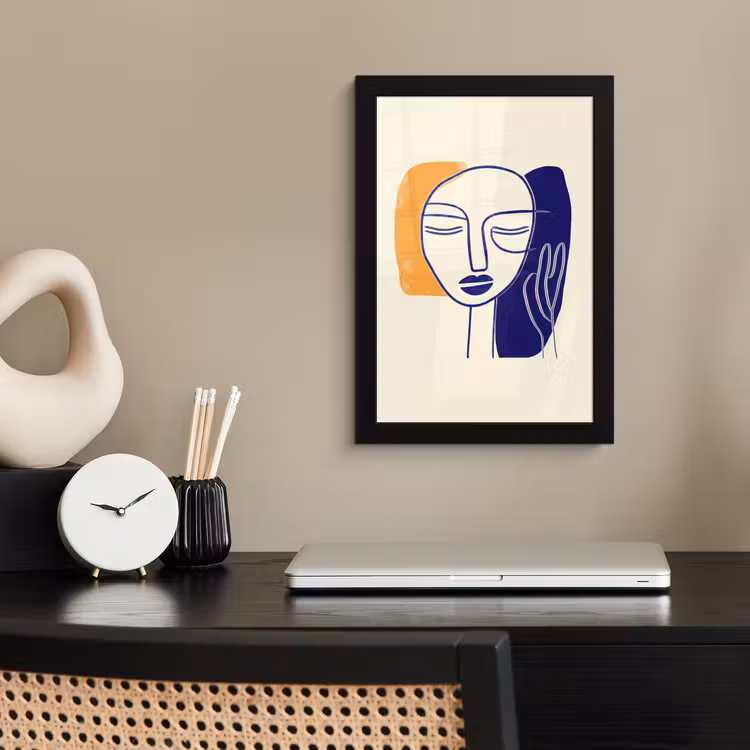 Minimalistisch - Gezicht - Hand - Oranje - Blauw fotolijst zwart zonder passe partout klein -sfeer1