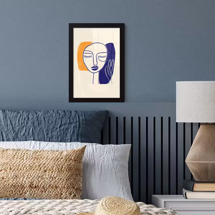 Minimalistisch - Gezicht - Hand - Oranje - Blauw fotolijst zwart zonder passe partout klein -sfeer3