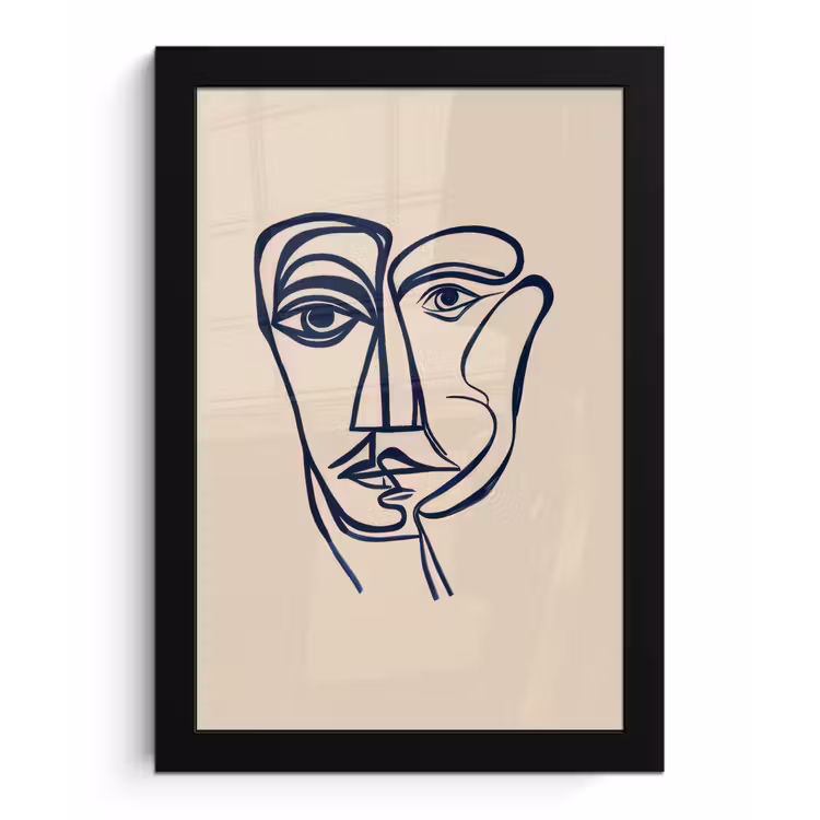Minimalistisch - Lijnillustratie - Beige - Donkerblauw fotolijst zwart zonder passe partout klein -3d