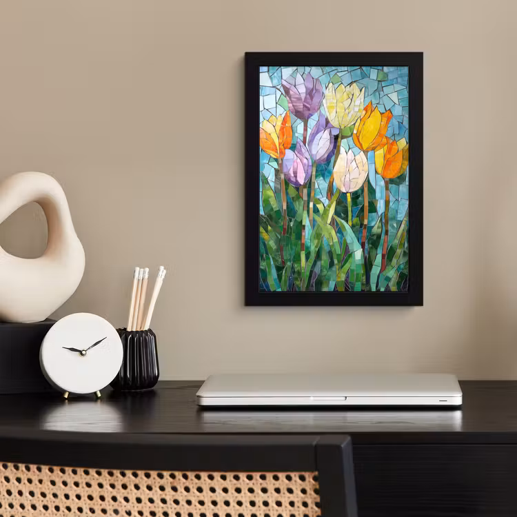 Mozaïek - Veld - Tulpen - Kleurrijk fotolijst zwart zonder passe partout klein -sfeer1