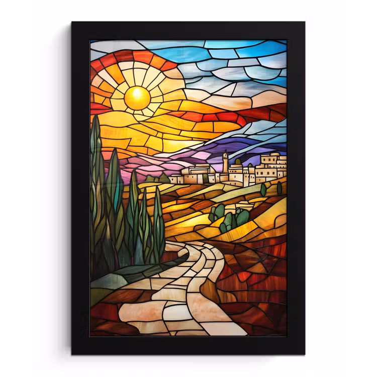 Mozaïek - Zon - Landschap - Dorp fotolijst zwart zonder passe partout klein -3d