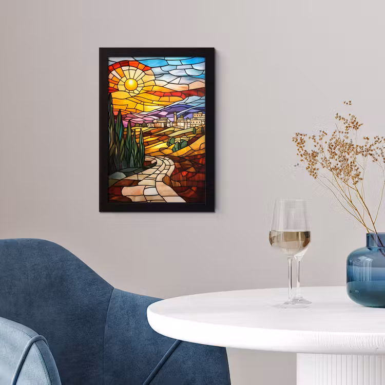 Mozaïek - Zon - Landschap - Dorp fotolijst zwart zonder passe partout klein -sfeer4