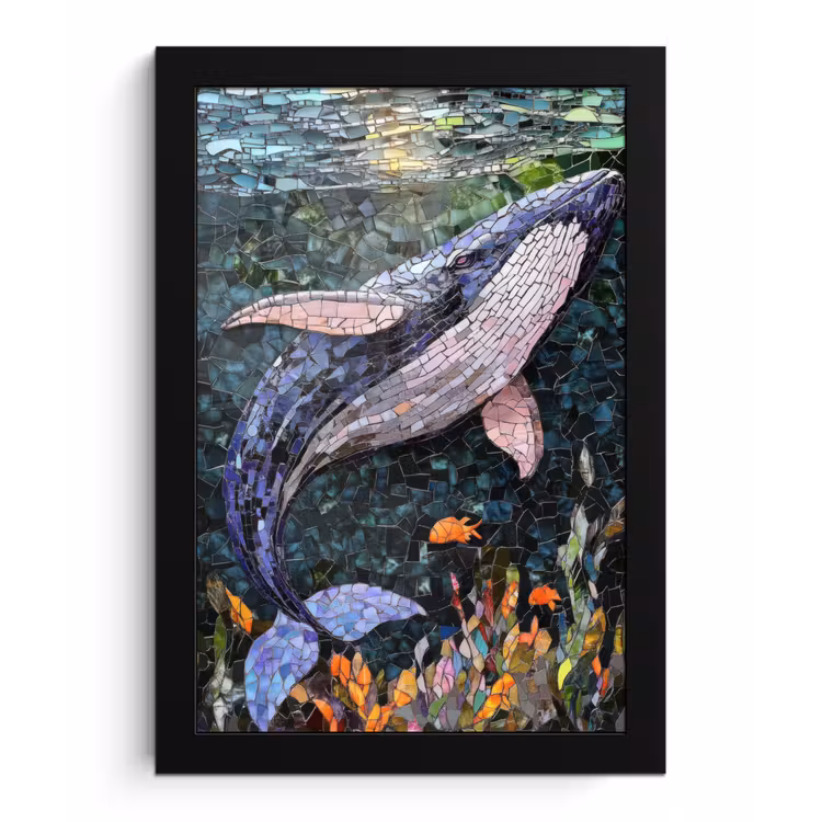 Mozaïek - Walvis - Koraal - Water fotolijst zwart zonder passe partout klein -3d