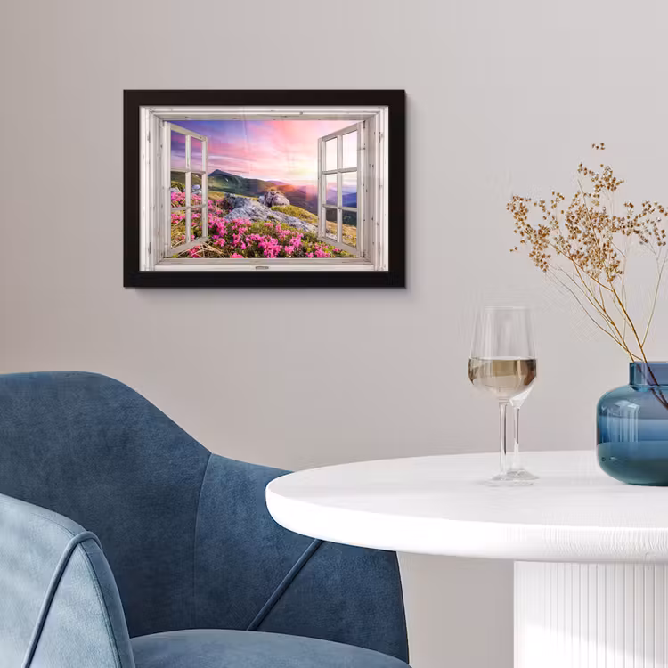 Bergen - Landschap - Doorkijk - Bloemen - Avond - Roze fotolijst zwart zonder passe partout klein -sfeer4