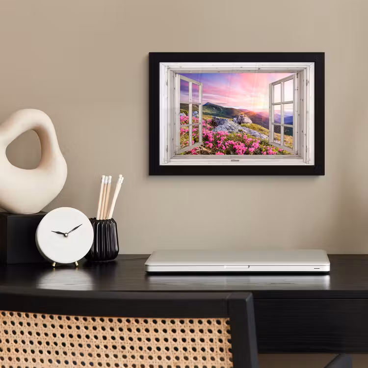 Bergen - Landschap - Doorkijk - Bloemen - Avond - Roze fotolijst zwart zonder passe partout klein -sfeer1