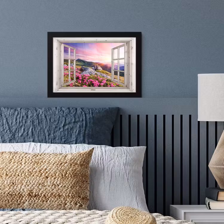 Bergen - Landschap - Doorkijk - Bloemen - Avond - Roze fotolijst zwart zonder passe partout klein -sfeer3