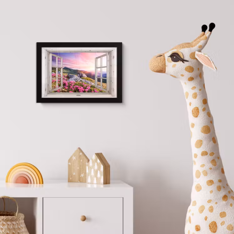 Bergen - Landschap - Doorkijk - Bloemen - Avond - Roze fotolijst zwart zonder passe partout klein -usfeer4_kinderkamer