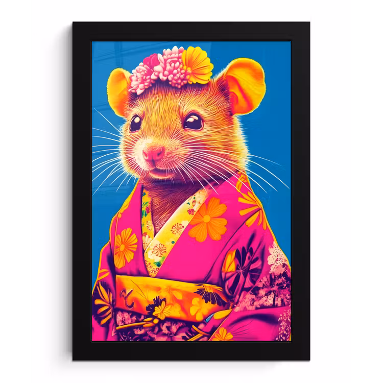 Muis - Kimono - Bloemen - Blauw fotolijst zwart zonder passe partout klein -3d