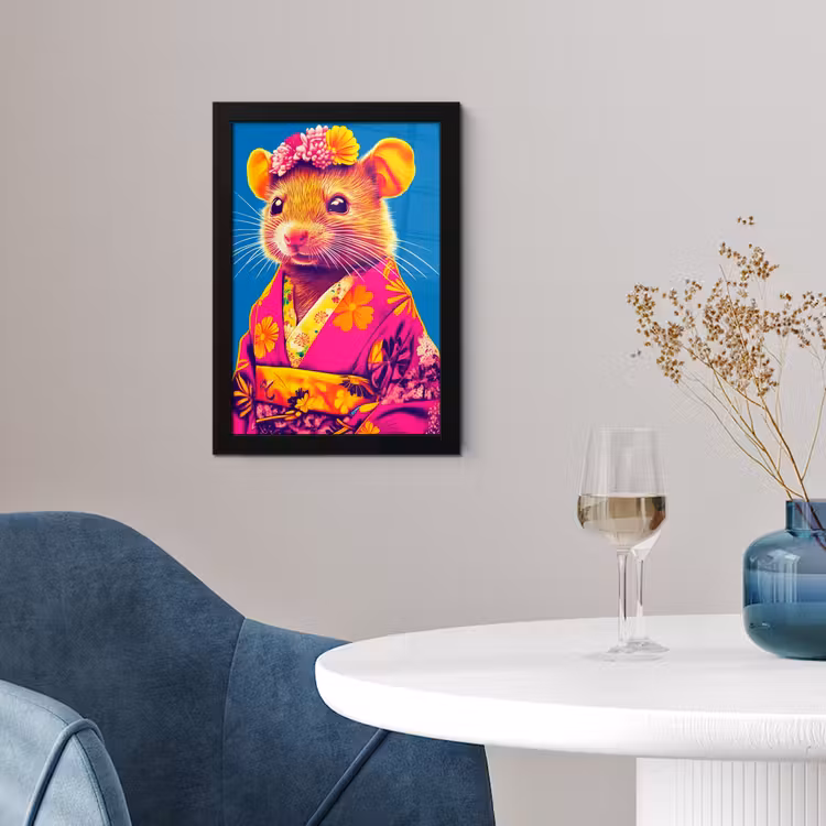 Muis - Kimono - Bloemen - Blauw fotolijst zwart zonder passe partout klein -sfeer4