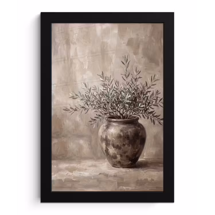 Olijfplant - Aardenpot - Abstract - Beige fotolijst zwart zonder passe partout klein -3d