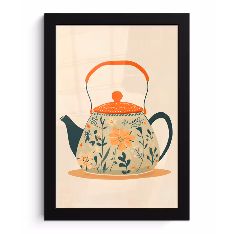 Oranje - Theepot - Bloemen - Bladeren fotolijst zwart zonder passe partout klein -3d