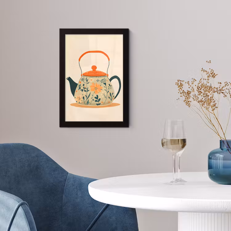 Oranje - Theepot - Bloemen - Bladeren fotolijst zwart zonder passe partout klein -sfeer4