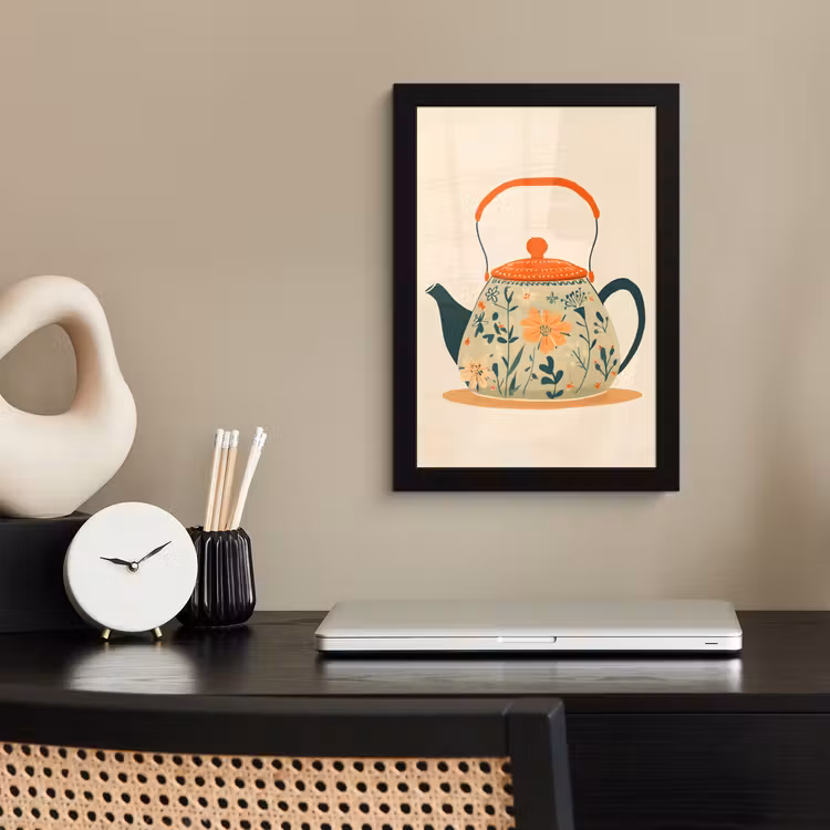 Oranje - Theepot - Bloemen - Bladeren fotolijst zwart zonder passe partout klein -sfeer1