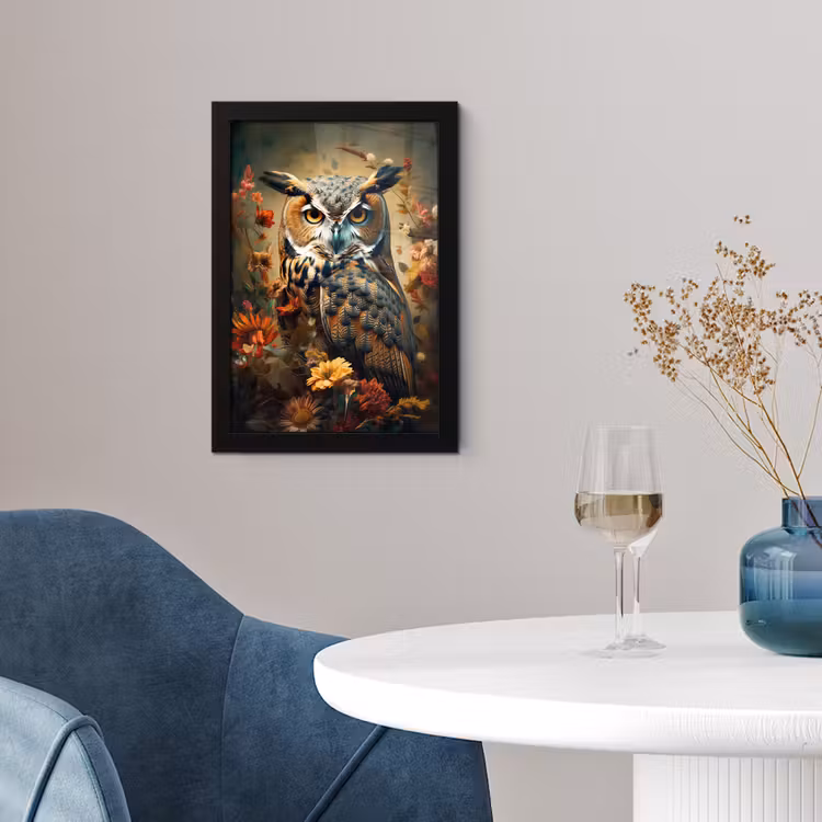 Uil - Vogel - Bloemen - Planten - Botanisch fotolijst zwart zonder passe partout klein -sfeer4