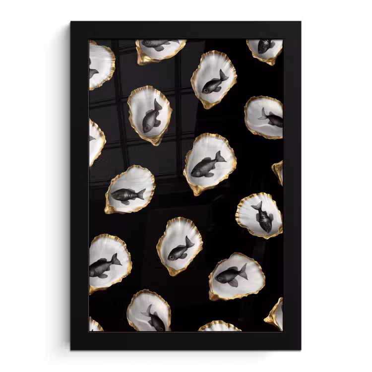 Oesters - Zwart - Vissen - Goud fotolijst zwart zonder passe partout klein -3d