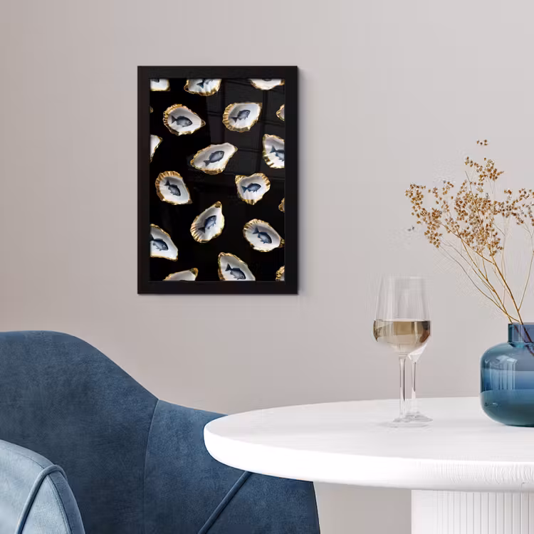 Oesters - Vissen - Blauw - Goud fotolijst zwart zonder passe partout klein -sfeer4