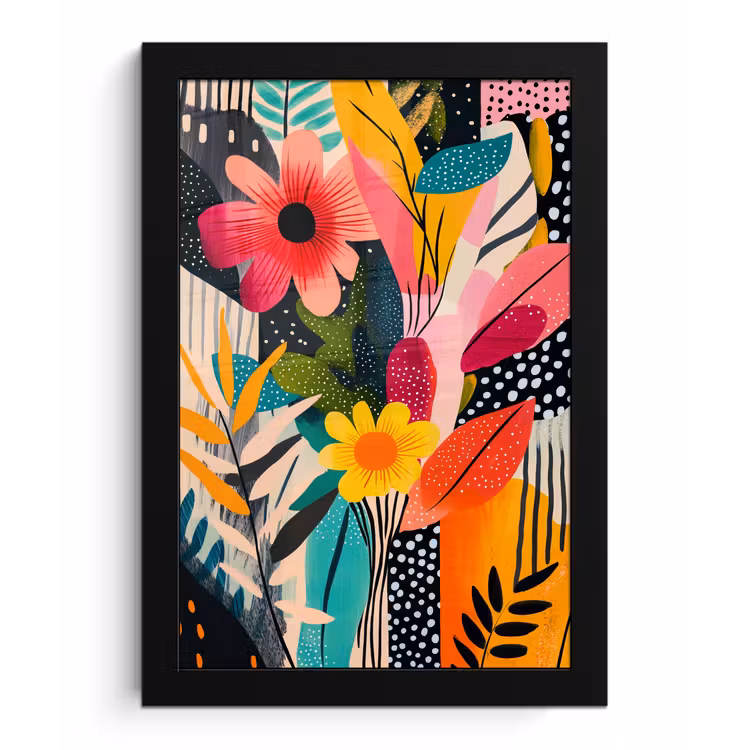Schilderij - Abstract - Bloemen - Roze fotolijst zwart zonder passe partout klein -3d