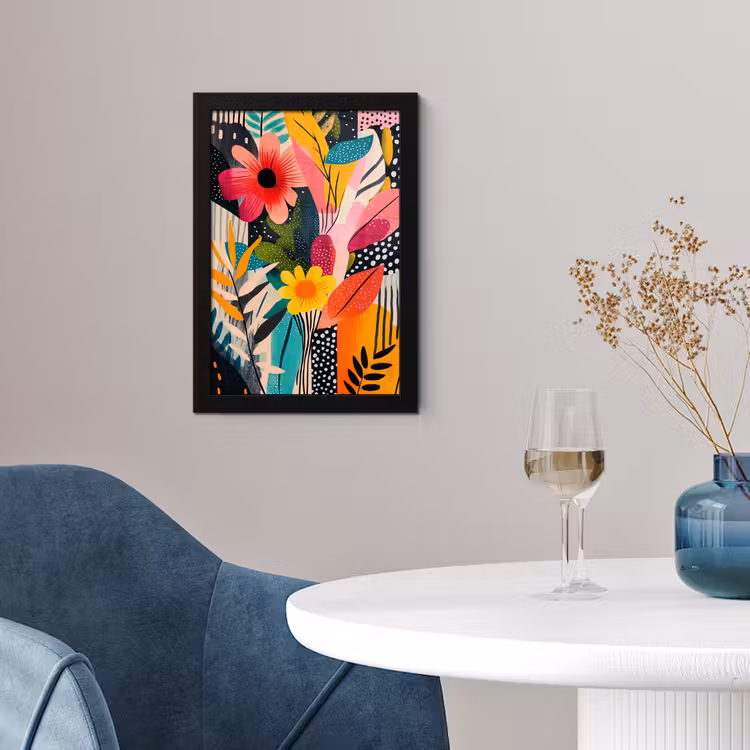 Schilderij - Abstract - Bloemen - Roze fotolijst zwart zonder passe partout klein -sfeer4