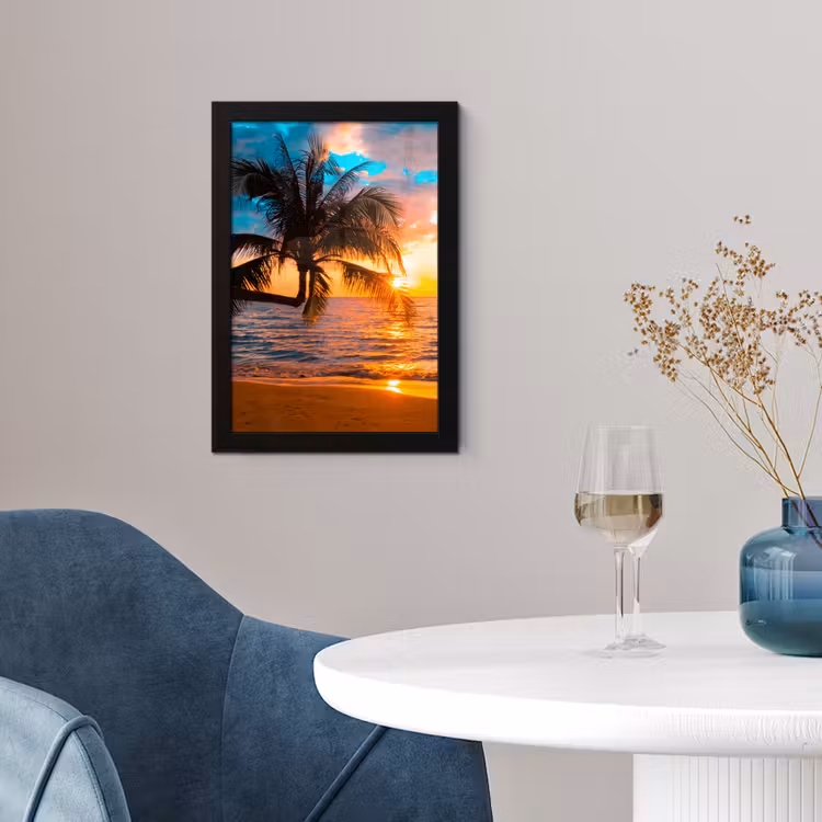 Palm - Zonsondergang - Horizon - Strand - Zee - Tropisch fotolijst zwart zonder passe partout klein -sfeer4