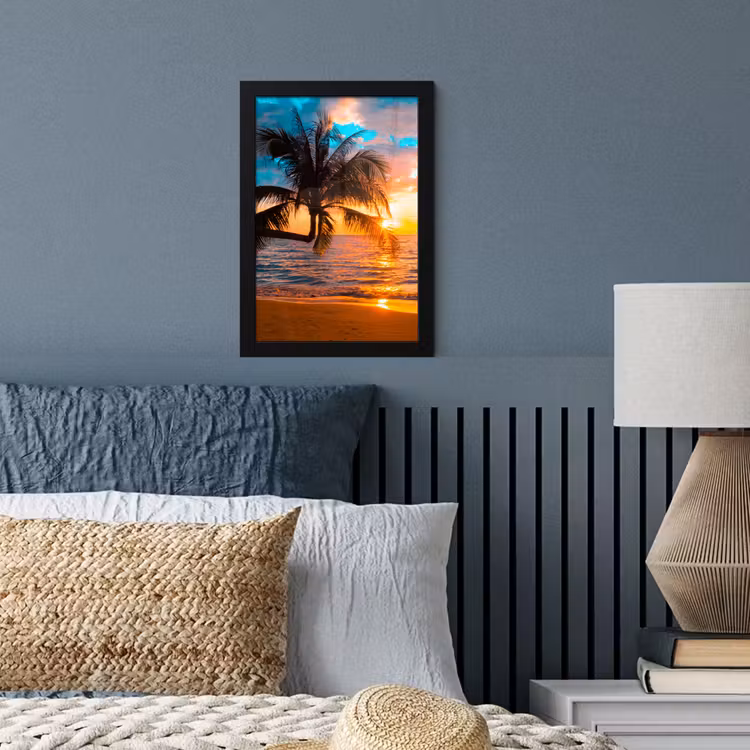 Palm - Zonsondergang - Horizon - Strand - Zee - Tropisch fotolijst zwart zonder passe partout klein -sfeer3