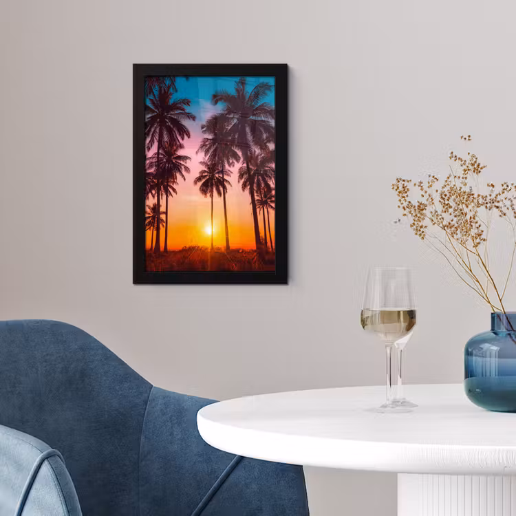 Palmboom - Zonsondergang - Horizon - Strand - Oranje - Roze fotolijst zwart zonder passe partout klein -sfeer4