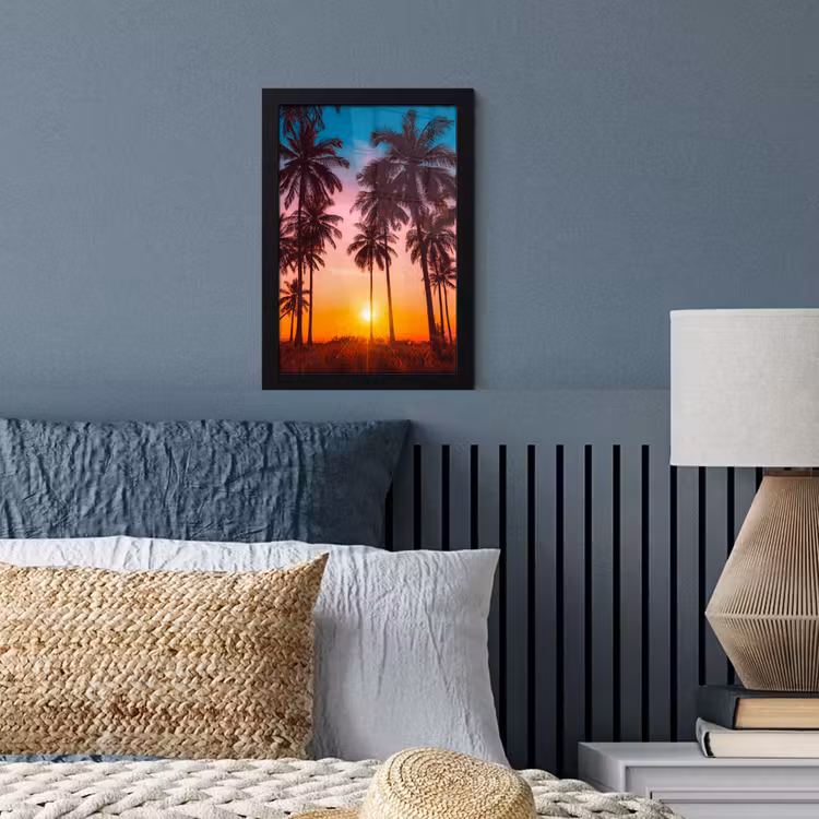 Palmboom - Zonsondergang - Horizon - Strand - Oranje - Roze fotolijst zwart zonder passe partout klein -sfeer3