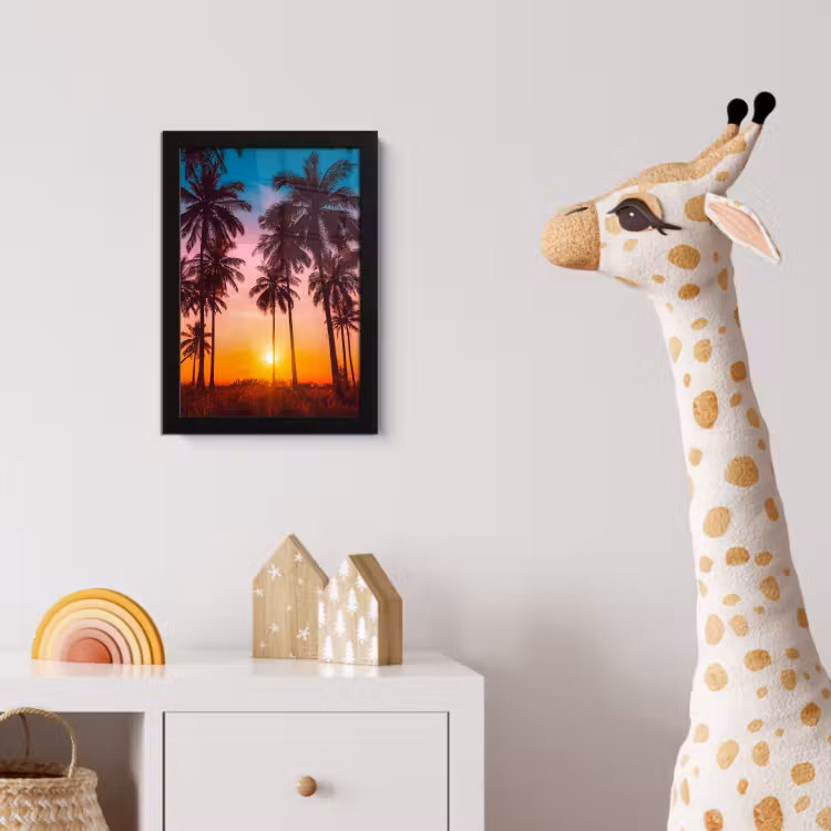 Palmboom - Zonsondergang - Horizon - Strand - Oranje - Roze fotolijst zwart zonder passe partout klein -usfeer4_kinderkamer